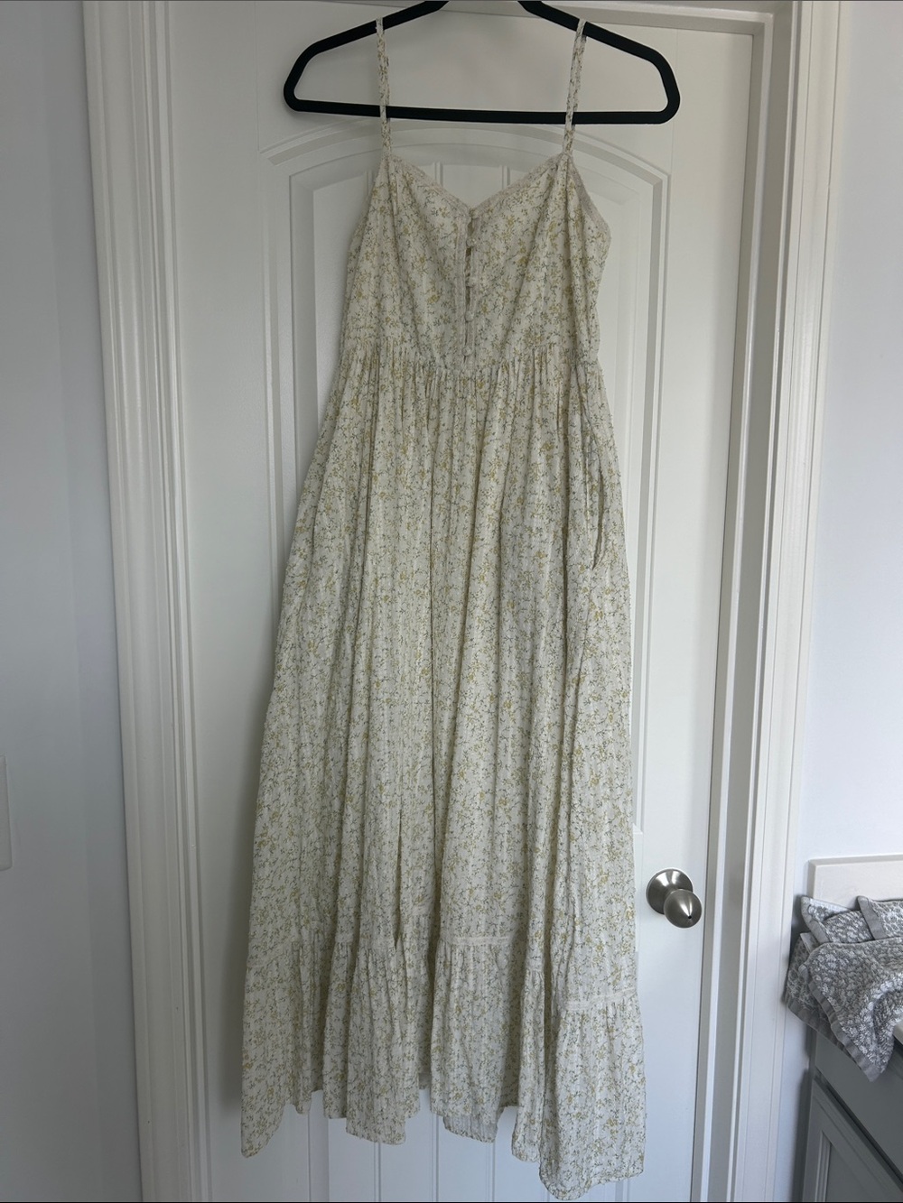 Cream Floral Midi Dress with Green Accents